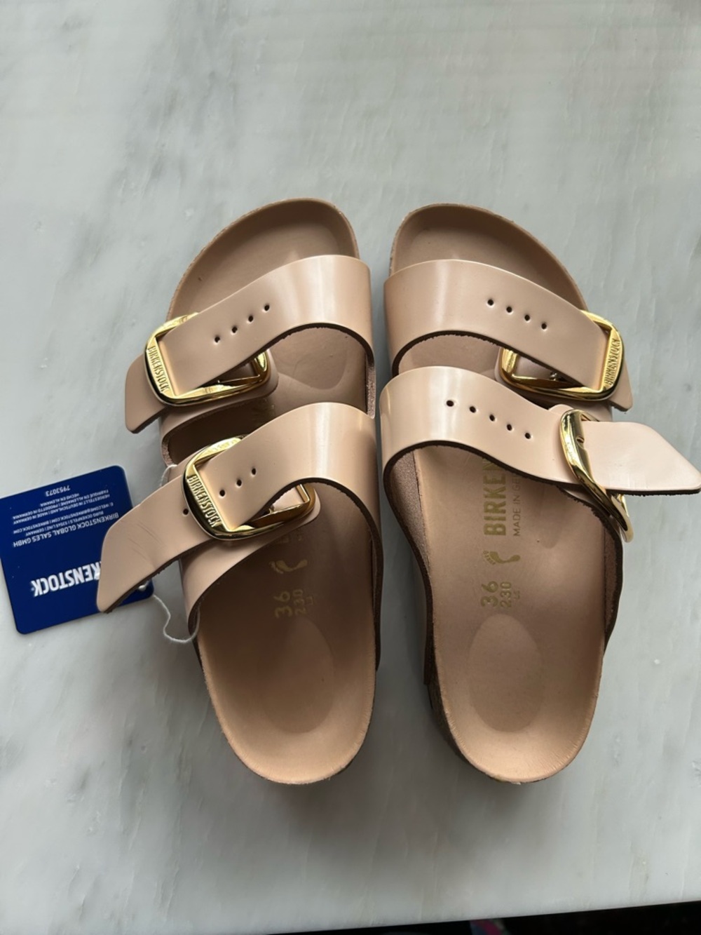 Birkenstock Arizona Sandals in Nude with Gold Buckles